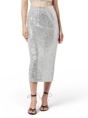 THE DROP Sequin Pencil Midi Skirt Silver Party Festive Holiday NYE Sparkly M
